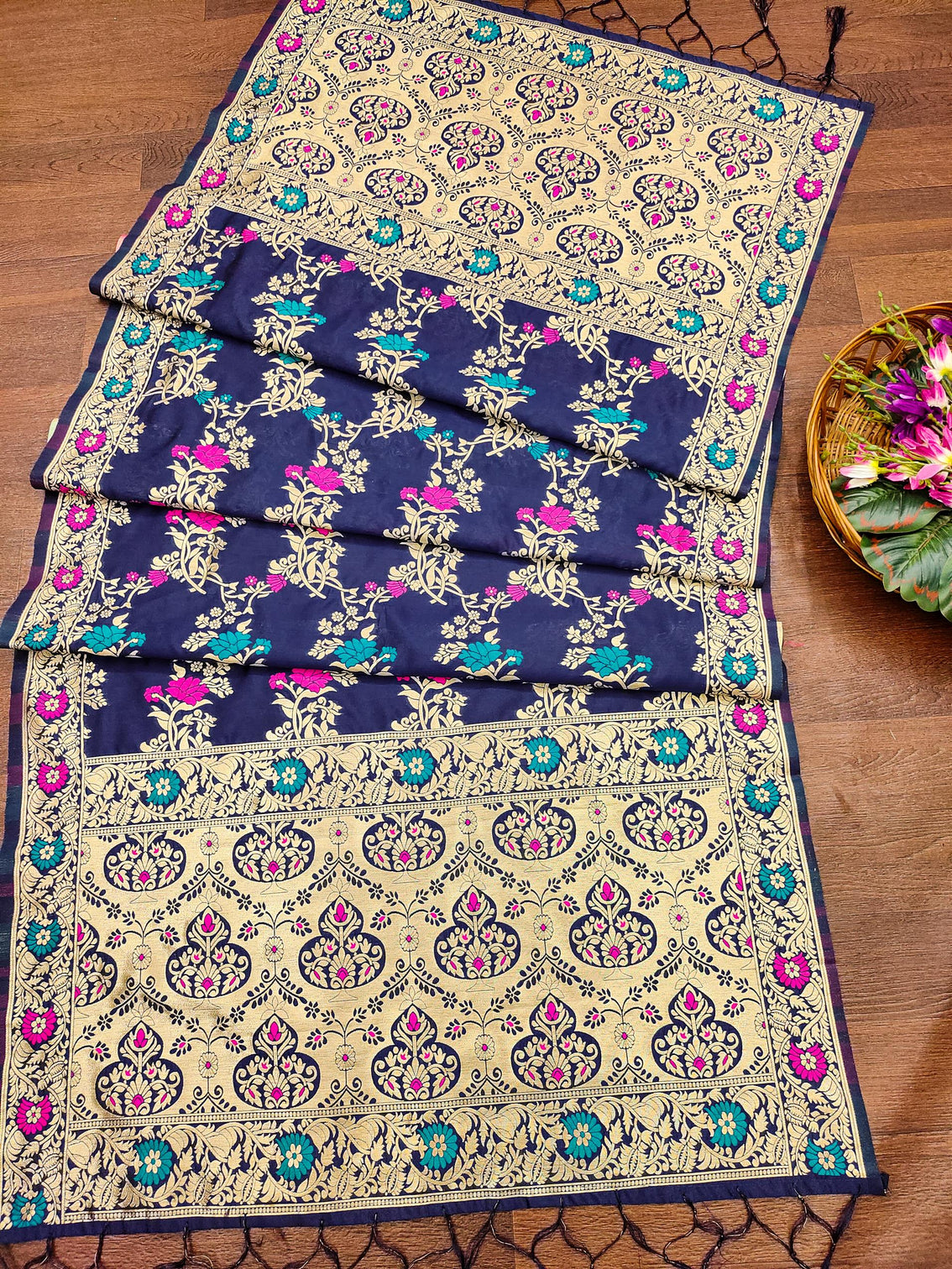 Navy Floral Silk Blend Traditional Ethnic Banarasi Woven Patola Dupatta For WOMEN | DEVANGI