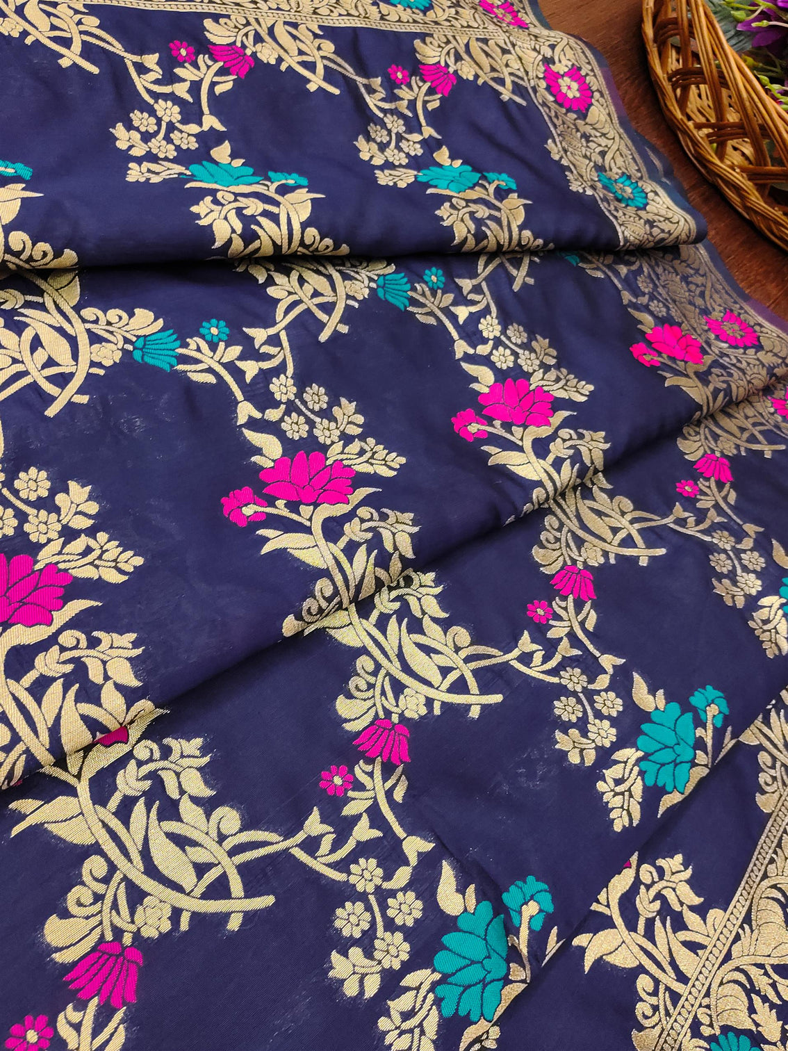 Navy Floral Silk Blend Traditional Ethnic Banarasi Woven Patola Dupatta For WOMEN | DEVANGI