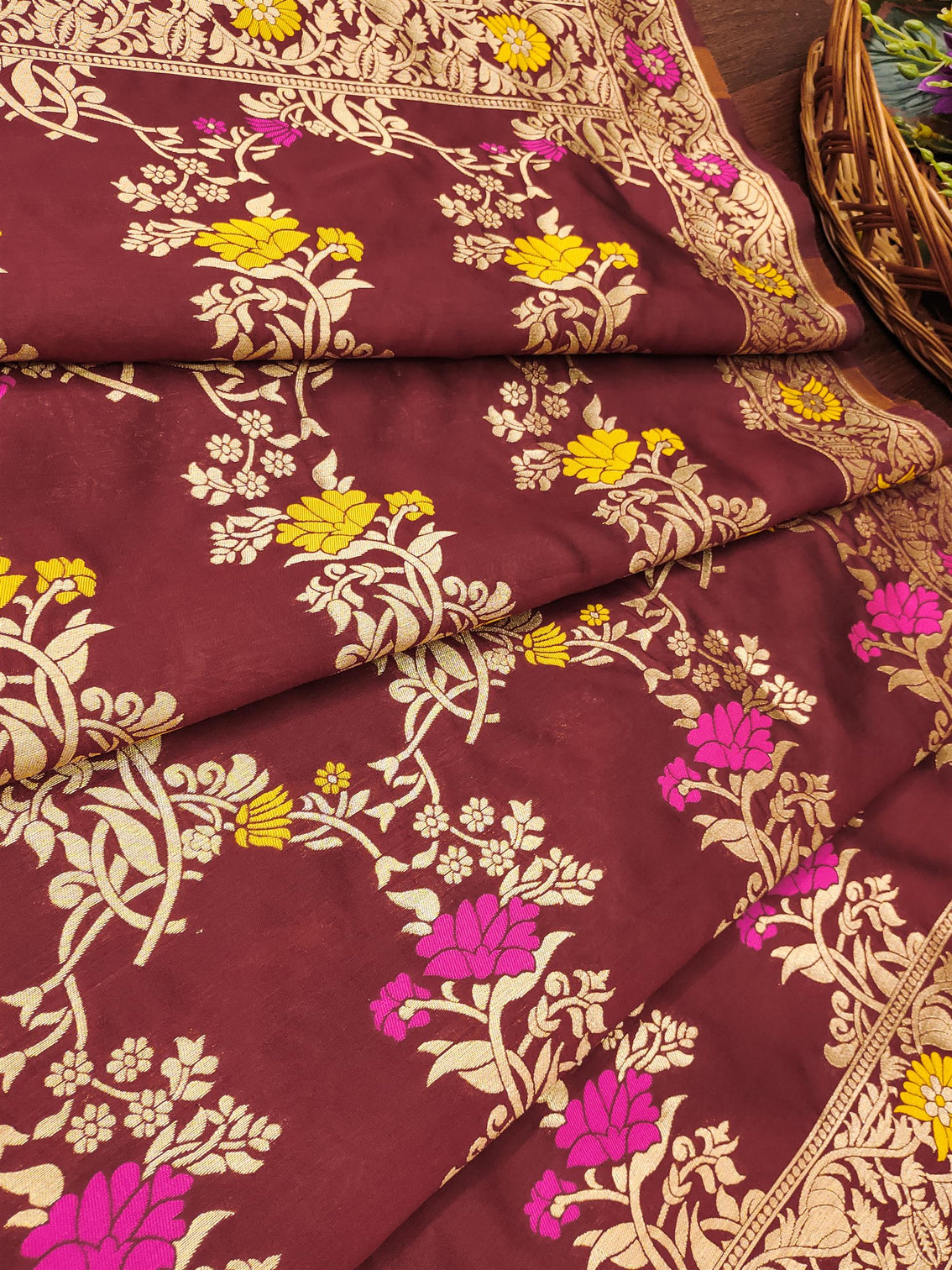 Maroon Floral Silk Blend Traditional Ethnic Banarasi Woven Patola Dupatta For WOMEN | DEVANGI