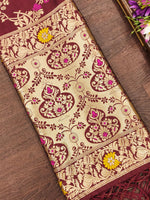 image, Maroon Floral Silk Blend Traditional Ethnic Banarasi Woven Patola Dupatta For WOMEN | DEVANGI
