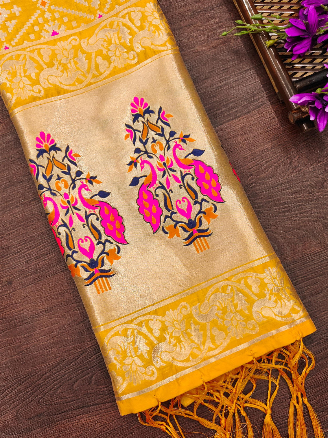 Yellow Floral Banarasi Silk Blend Traditional Ethnic Woven Patola Dupatta For WOMEN | DEVANGI